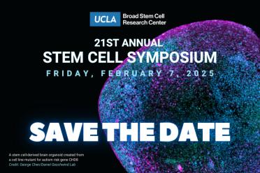 A graphic with a brain organoid cell image that reads "21st Annual Stem Cell Symposium | Friday Feb 7, 2025 | SAVE THE DATE" (Website Format)