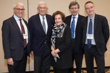 The three Broad Stem Cell Research Center directors thank Eli & Edythe Broad for their visionary philanthropy. From left: Owen Witte, Eli Broad, Edythe Broad, Arnold Kriegstein and Andy McMahon