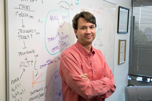 William Lowry stands smiling with crossed arms in his office before a whiteboard.