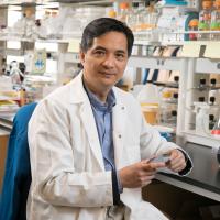 Song Li sits at a lab bench and holds a sample. 